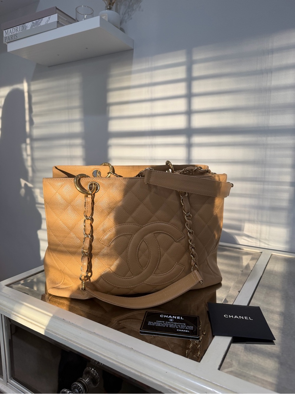 CHANEL Quilted Caviar Leather Tote in Light Brown